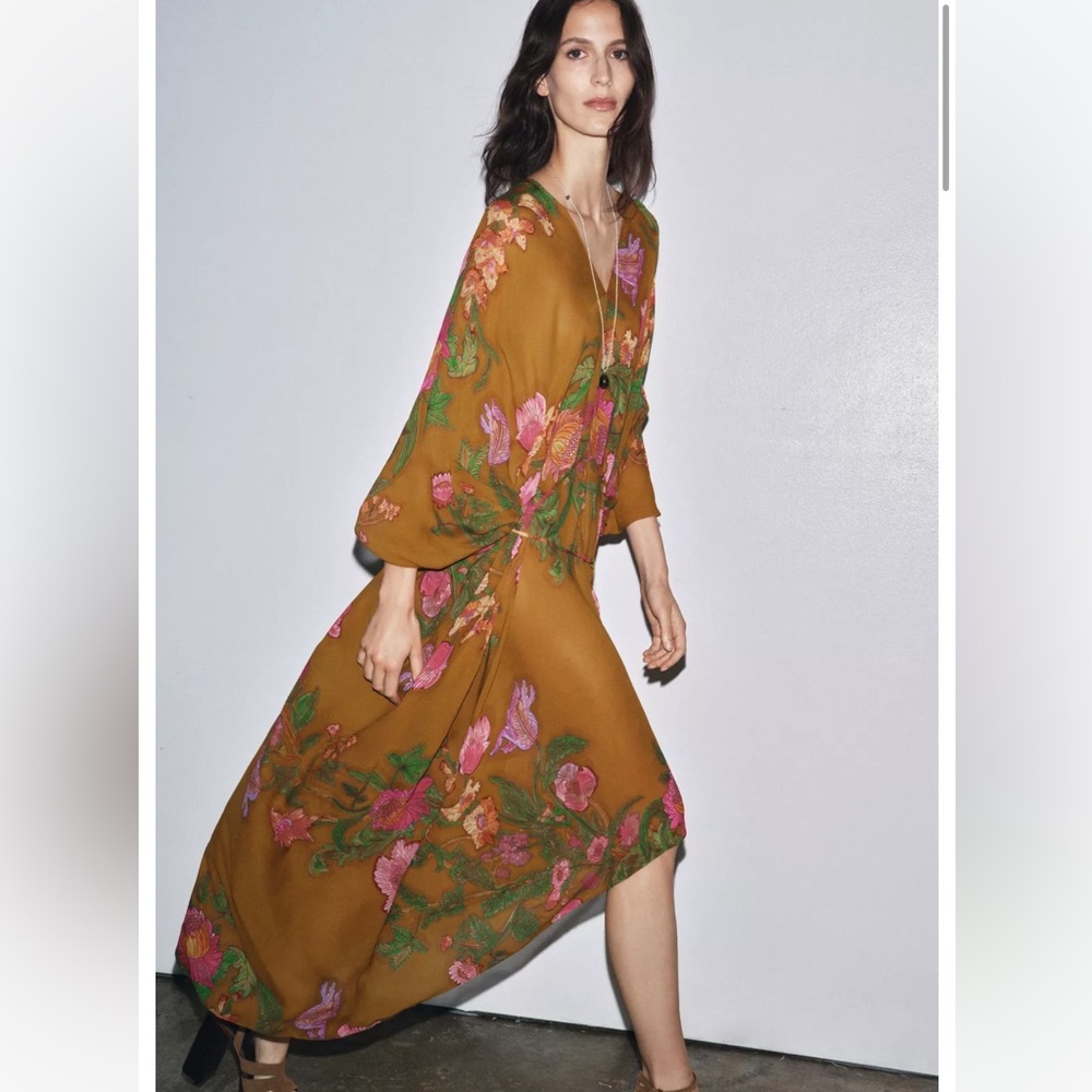 Zara Mustard Maxi Dress with Pink & Green Floral Embroidery